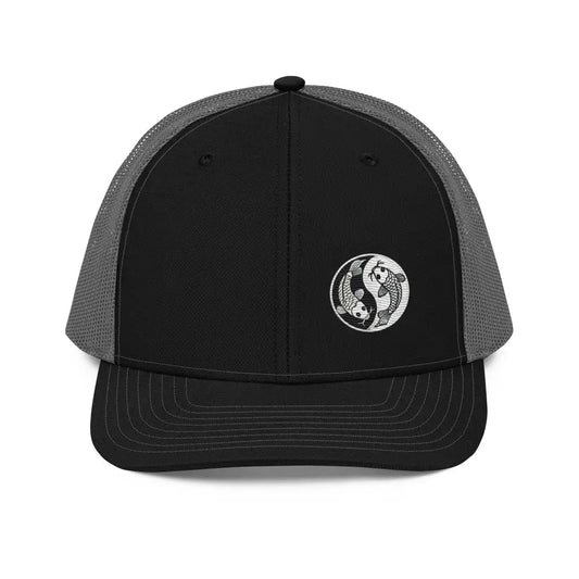Moon & Ocean Spirit Avatar Embroidered Koi Fish Trucker Hat – Trendy Yin Yang Gift - Black / Charcoal - black gray