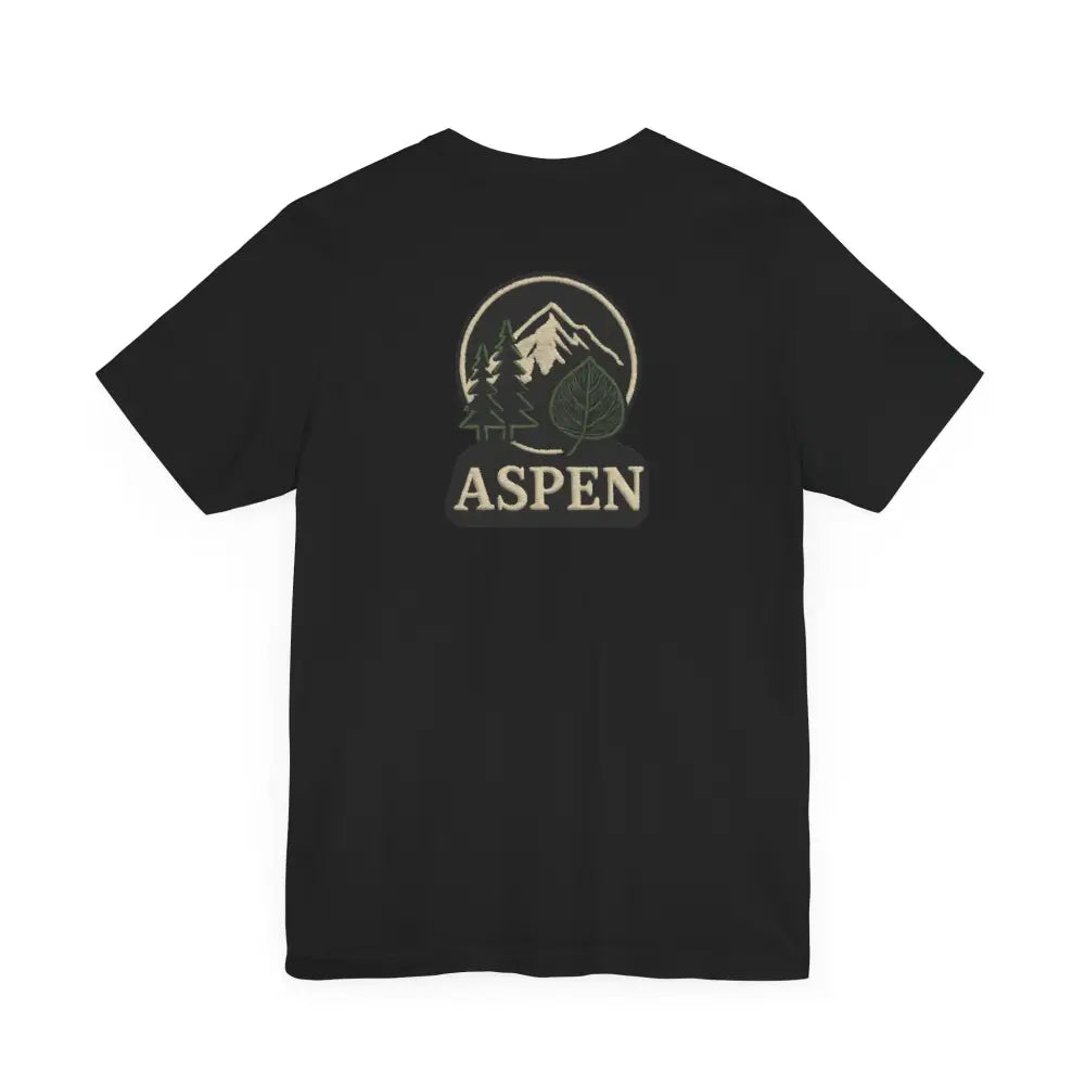 Black short-sleeved Bella+Canvas Aspen Division tee with mountain and aspen graphic