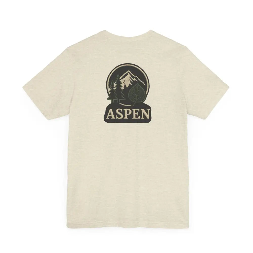 Cream-colored Bella Canvas Aspen Division T-shirt with green iconic Aspen Tree graphic
