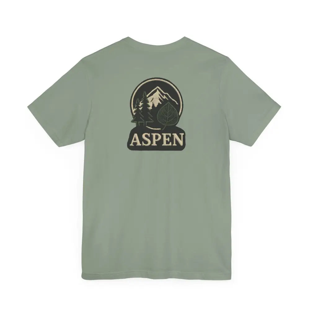 Light green Bella Canvas Aspen Division T-shirt with mountain and forest graphic featuring iconic Aspen tree