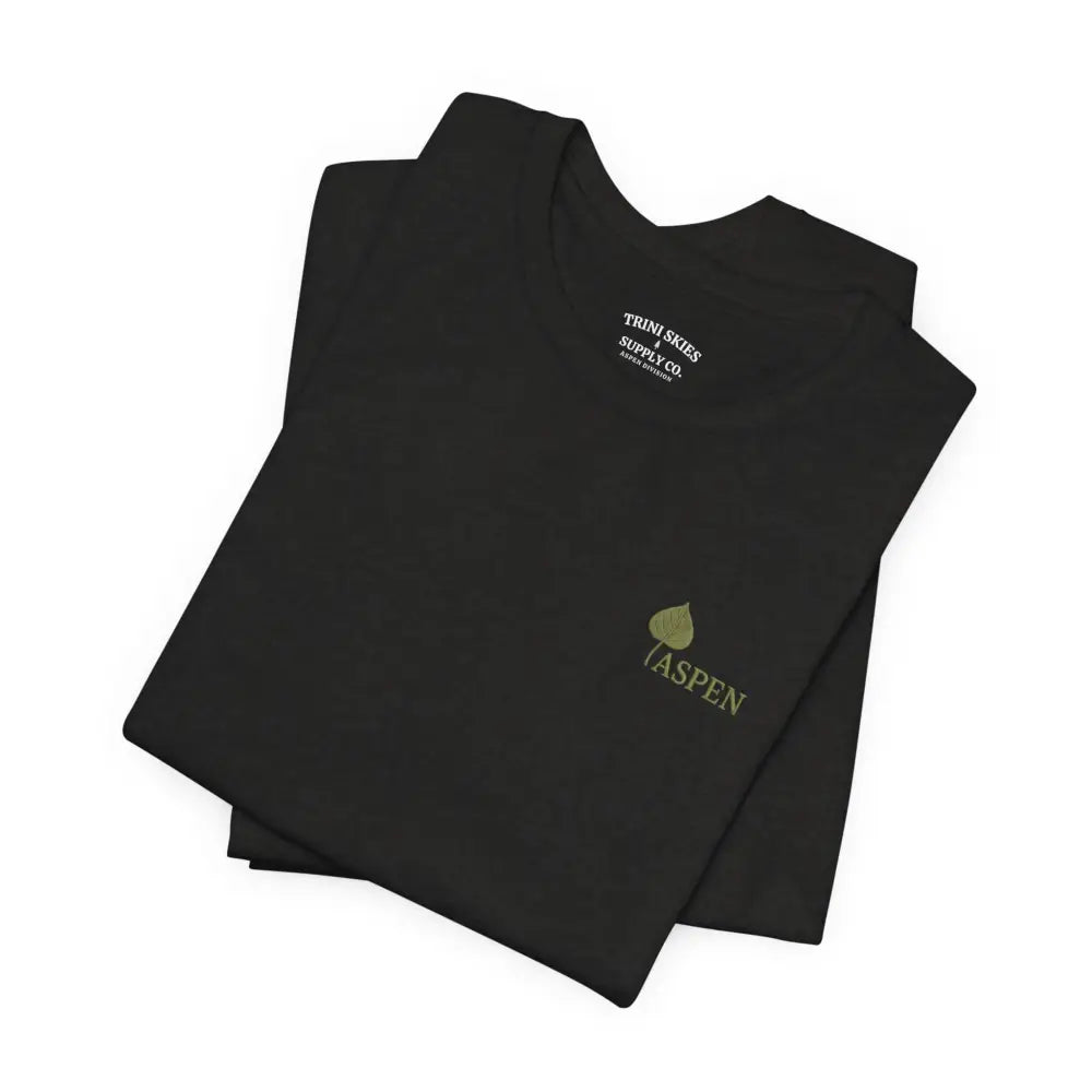 Folded black Bella+Canvas Aspen Division tee with olive green aspen leaf design