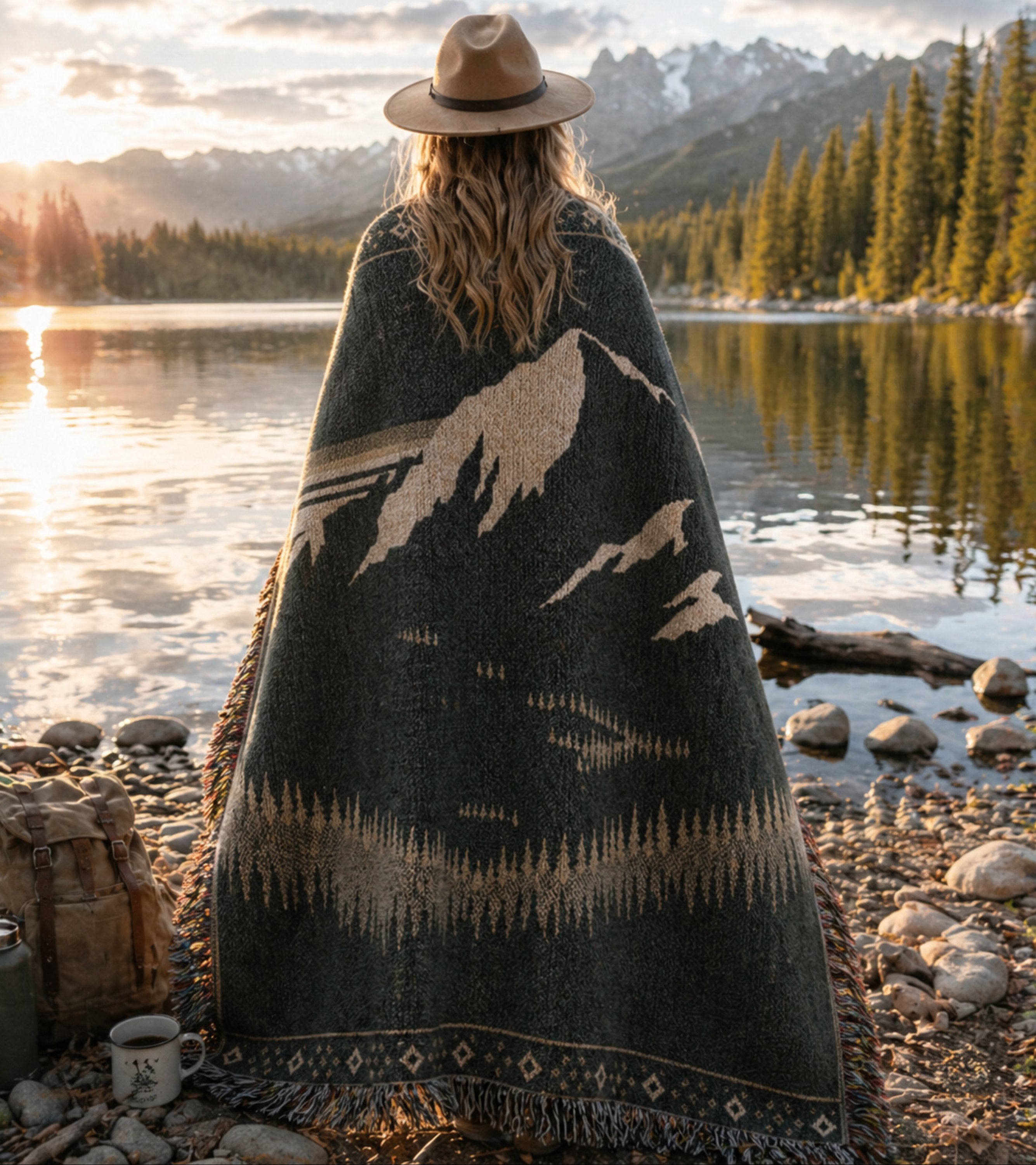 Woman in hat wearing Aspen Veil woven throw overlooking a mountain lake — alpine cotton tapestry blanket at dusk