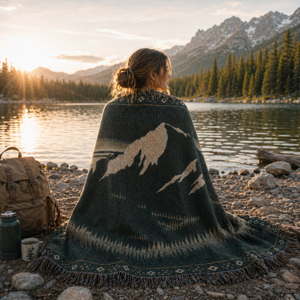 Aspen Veil woven throw folded at a river's edge — full alpine mountain pattern and multicolor fringe detail"