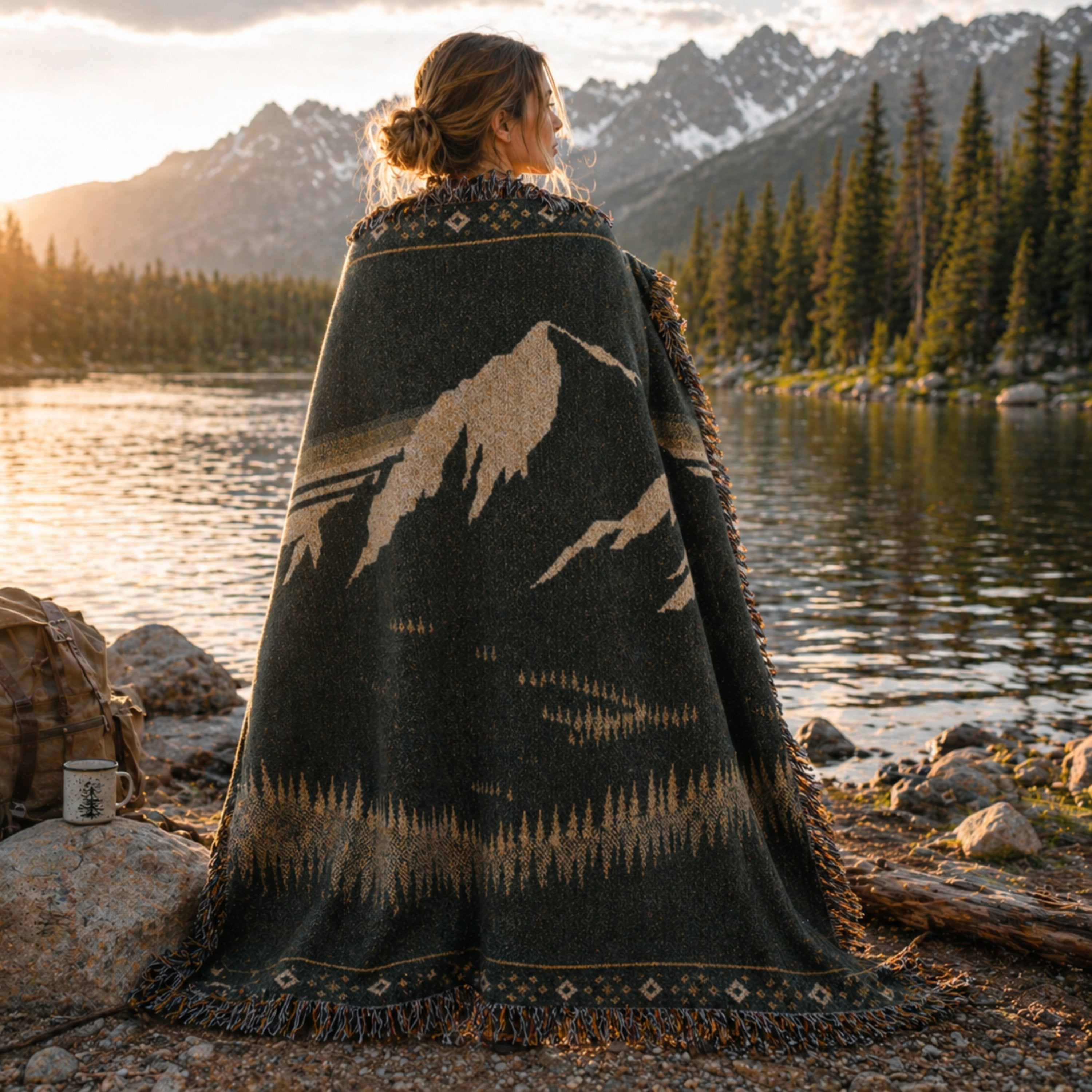 Woman wrapped in Aspen Veil woven throw at an alpine lake at golden hour — mountain jacquard blanket in forest green and ivory