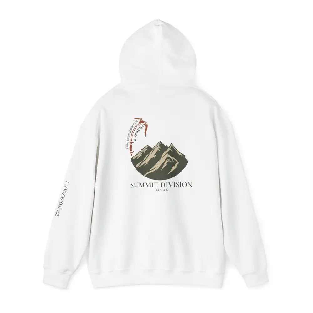 White Trini Skies Supply hoodie with mountain ice axe graphic