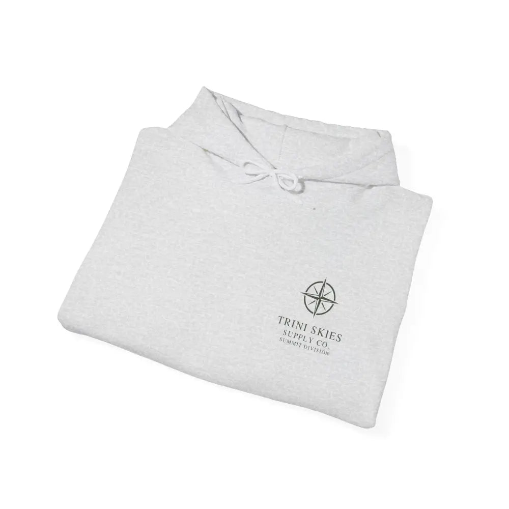 Trini Skies Supply white hoodie with embroidered compass logo