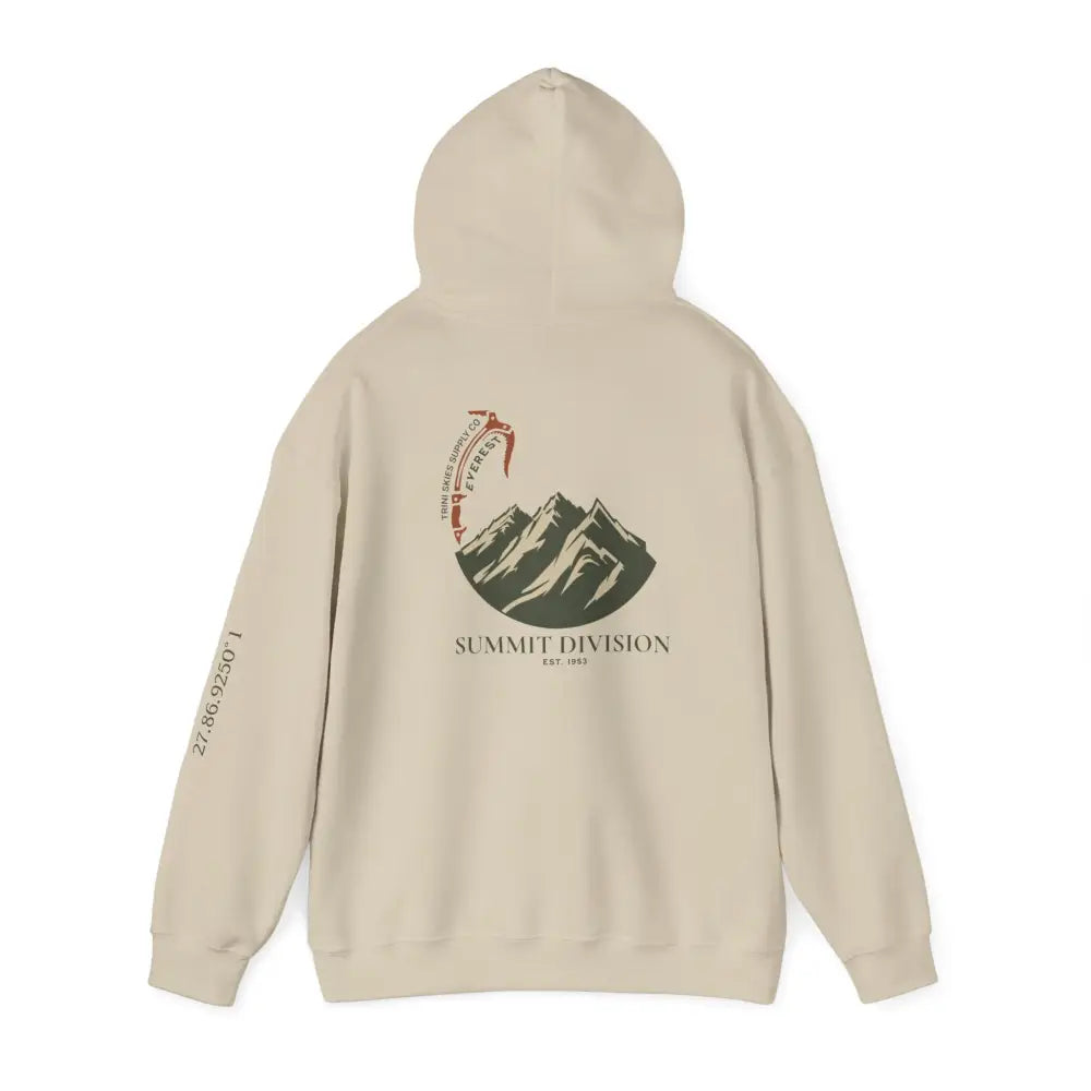 Trini Skies Supply light beige Everest Hoodie with mountain and axe graphic