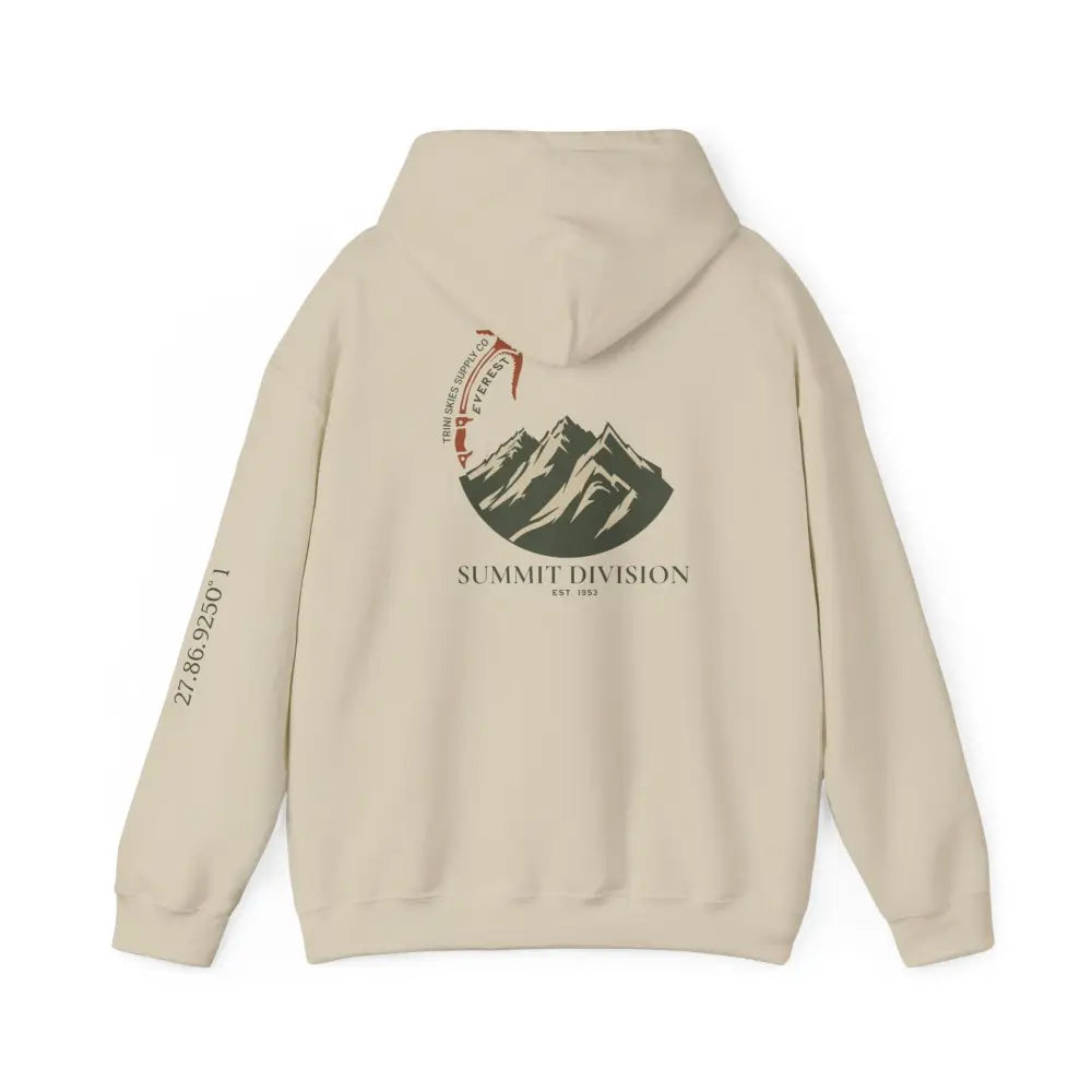 Trini Skies Supply durable olive green EVEREST hoodie with mountain graphic