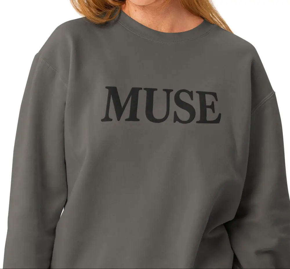 Charcoal gray Muse sweatshirt with tonal embroidered serif design