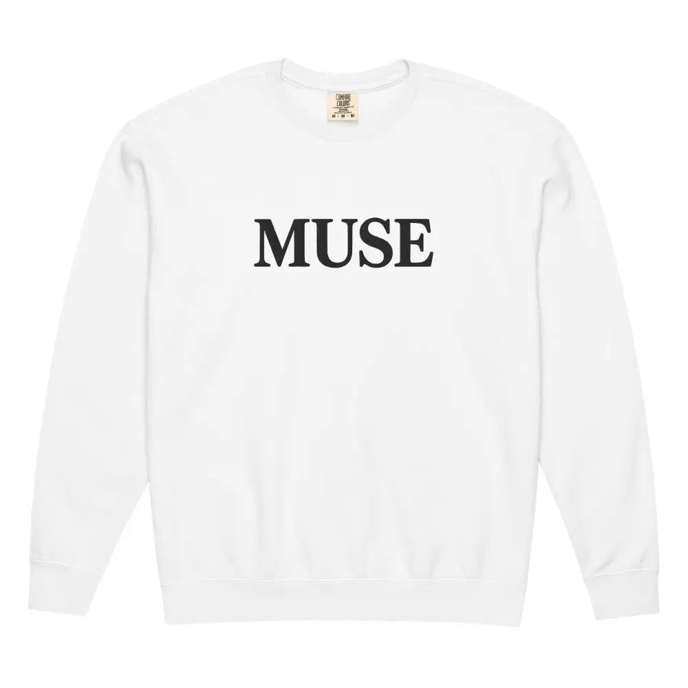 White MUSE crewneck sweatshirt with black tonal embroidered serif print
