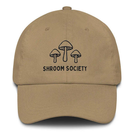 Mushroom Shroom Society Embroidered Dad Hat – Adjustable Low-Profile Cap - Khaki - Hats tan baseball cap mushroom