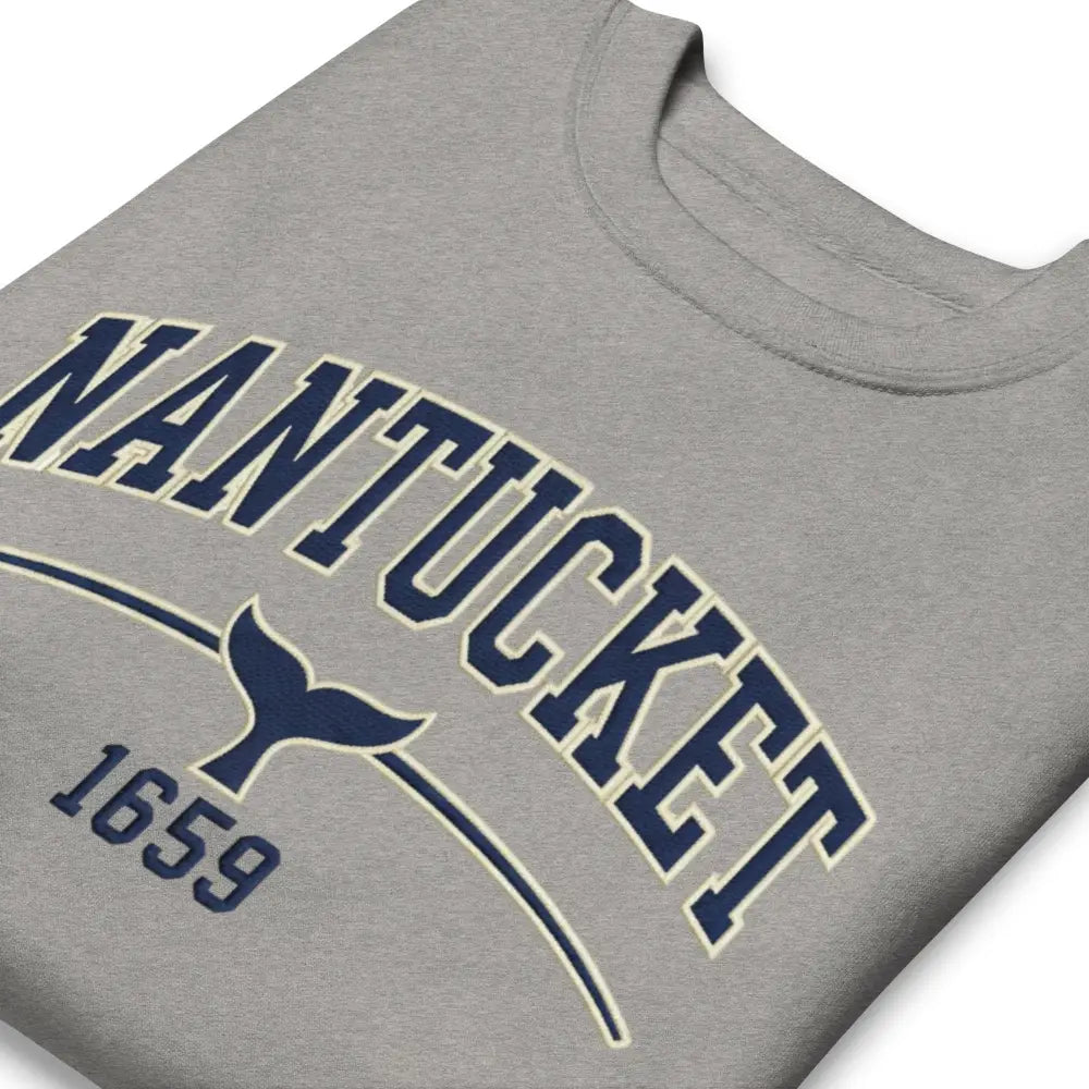 Nantucket graphic sweatshirt with whale tail design on gray background