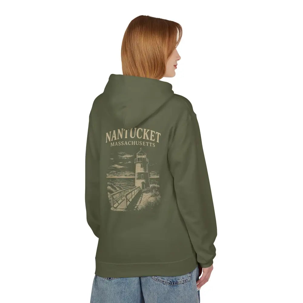 Woman in olive green Nantucket Lighthouse Coastal Graphic Hoodie showcasing timeless coastal charm