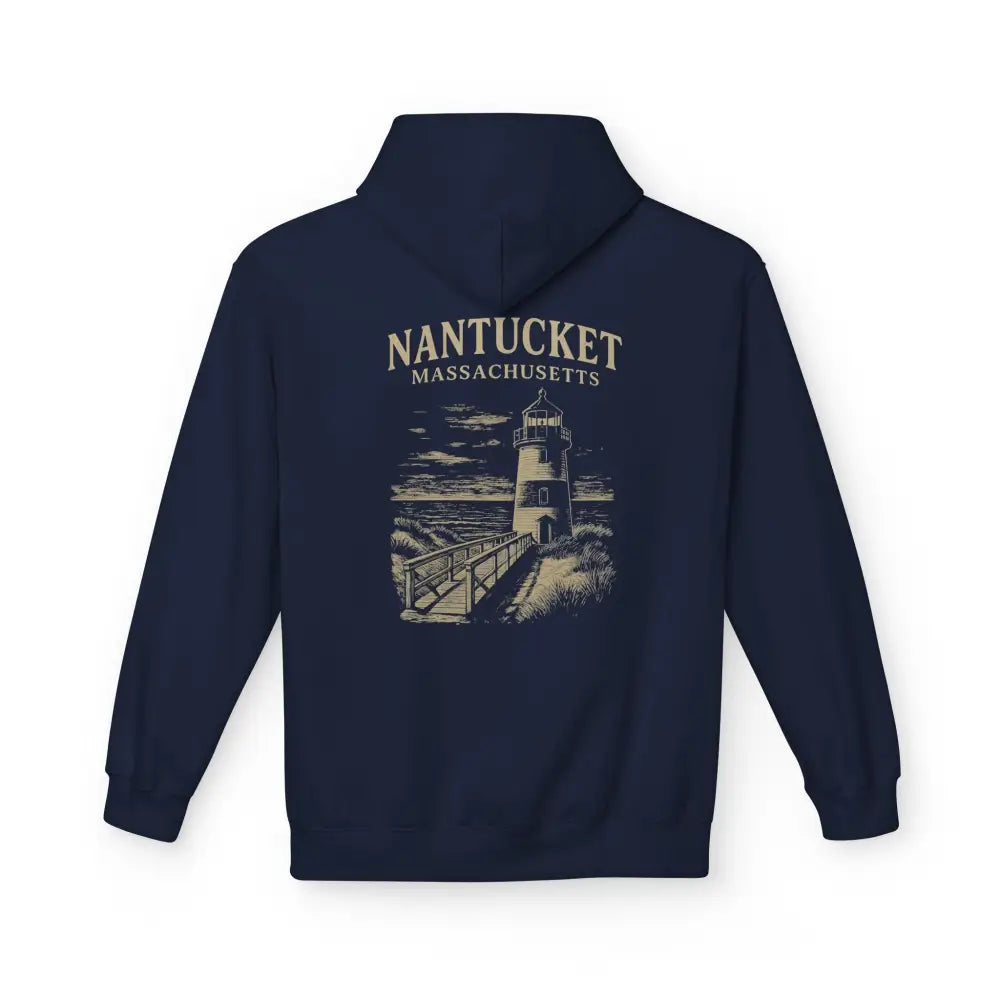 Navy blue Nantucket Lighthouse Coastal Graphic Hoodie with lighthouse design for timeless coastal charm