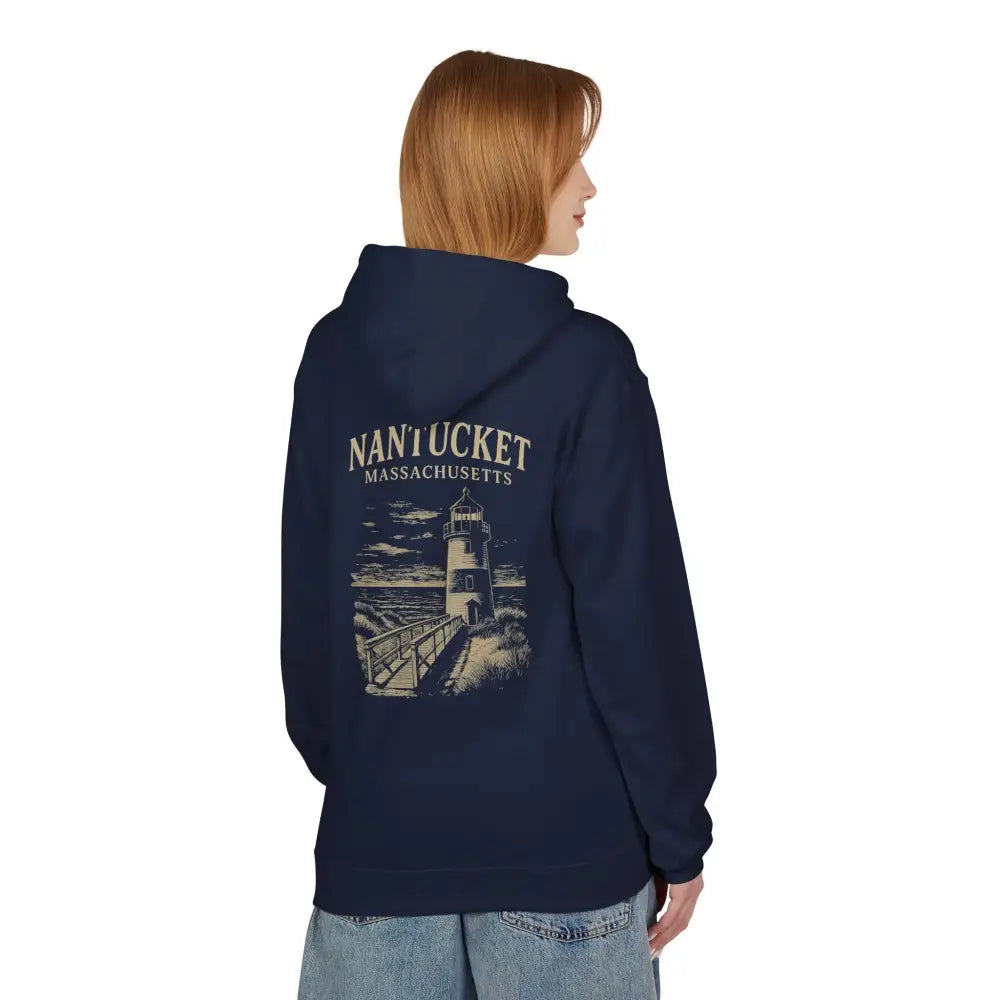 Dark blue Nantucket Lighthouse Coastal Graphic Hoodie showcasing timeless coastal charm