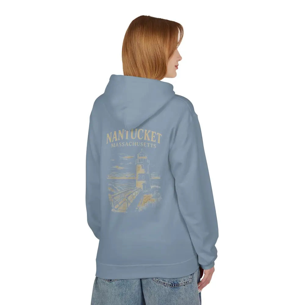Light blue Nantucket Lighthouse Coastal Graphic Hoodie featuring Nantucket boardwalk design