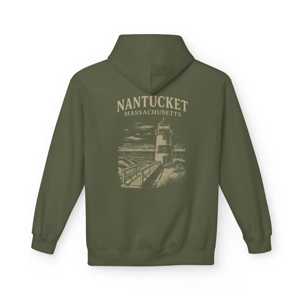 Olive green Nantucket Lighthouse Coastal Graphic Hoodie with lighthouse graphic and timeless coastal charm