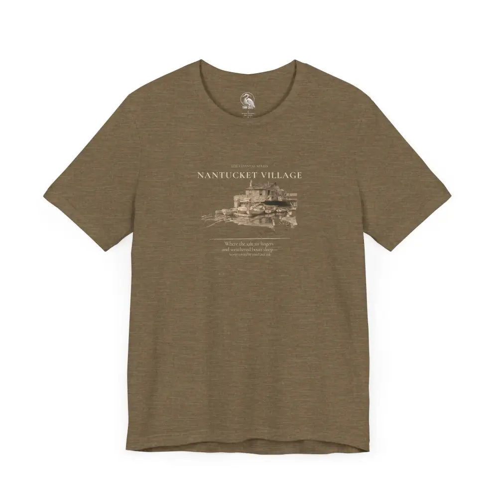 Men’s olive green crew neck tee with Nantucket vintage boat dock graphic