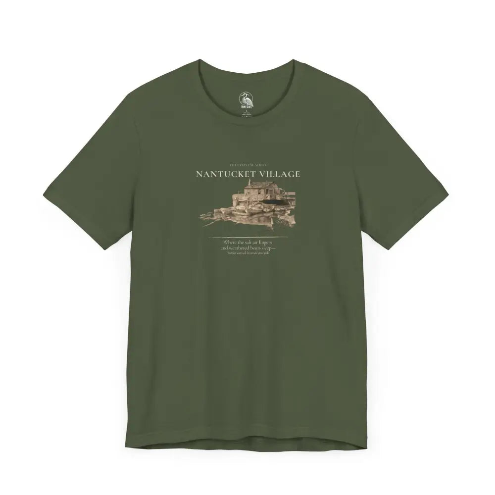 Nantucket vintage boat dock graphic tee in dark green with sepia village print