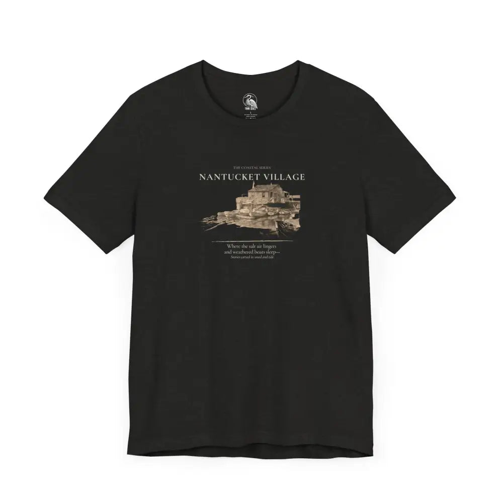 Black short-sleeved tee with Nantucket vintage boat dock graphic