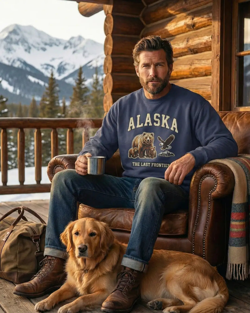 A navy blue alaska-themed sweatshirt featuring a bear and eagle graphic with ’the last frontier’ text, worn by a man seated on a leather chair.