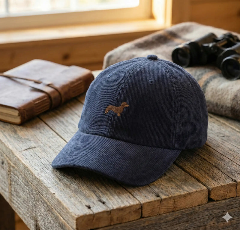 Navy blue corduroy baseball cap with a small embroidered dachshund on the front