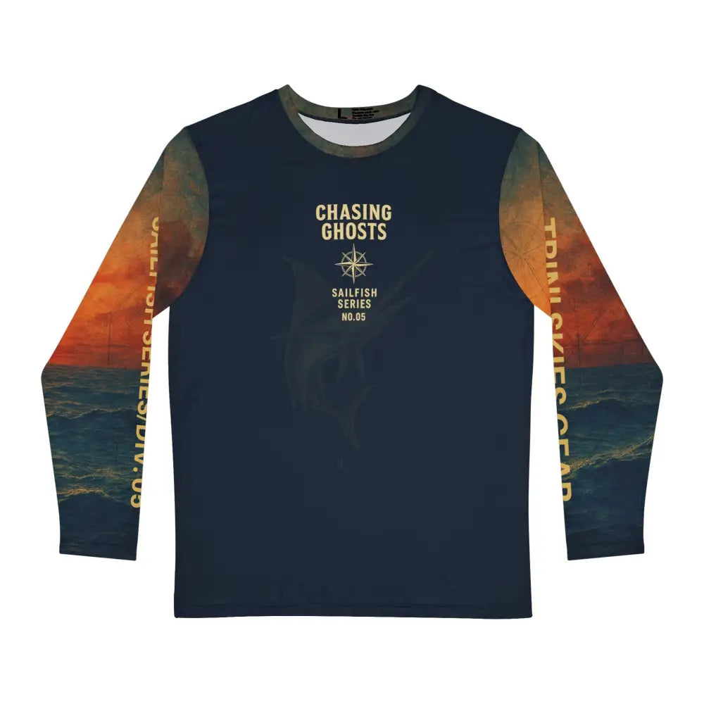 Dark blue fishing adventure long shirt with ocean sunset sleeves and compass rose chest design