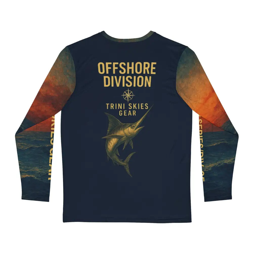 Men’s navy blue long-sleeve fishing adventure graphic tee with orange sleeves and chest design