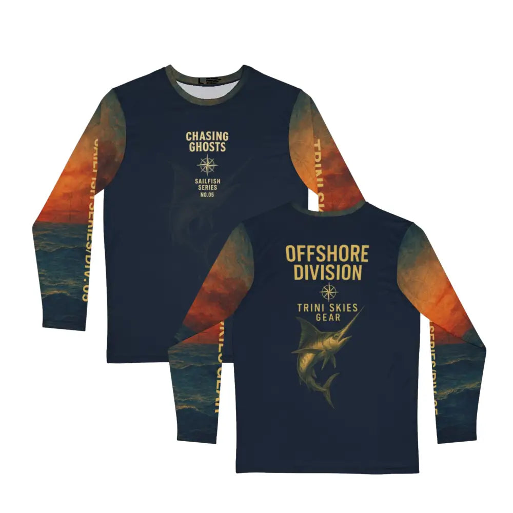 Navy Blue Marlin Compass Rose Graphic Tee Long Sleeve with ocean and sunset-themed sleeves for fishing adventure long style