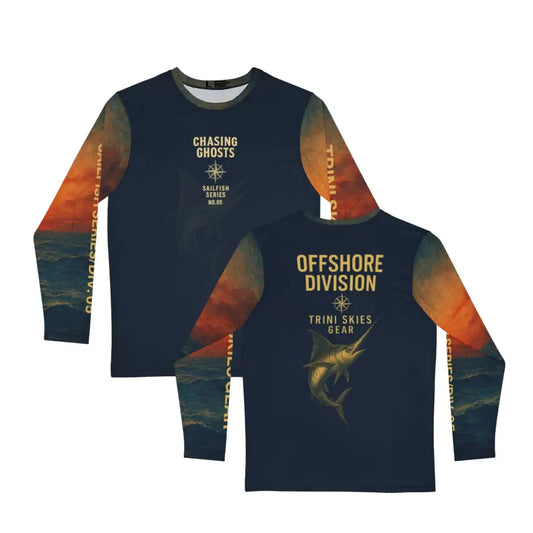 Navy Blue Marlin Compass Rose Graphic Tee Long Sleeve with ocean and sunset-themed sleeves for fishing adventure long style