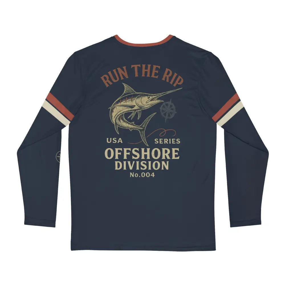 Dark blue long-sleeved offshore fishing graphic tee with striped sleeves and OFFSHORE DIVISION text