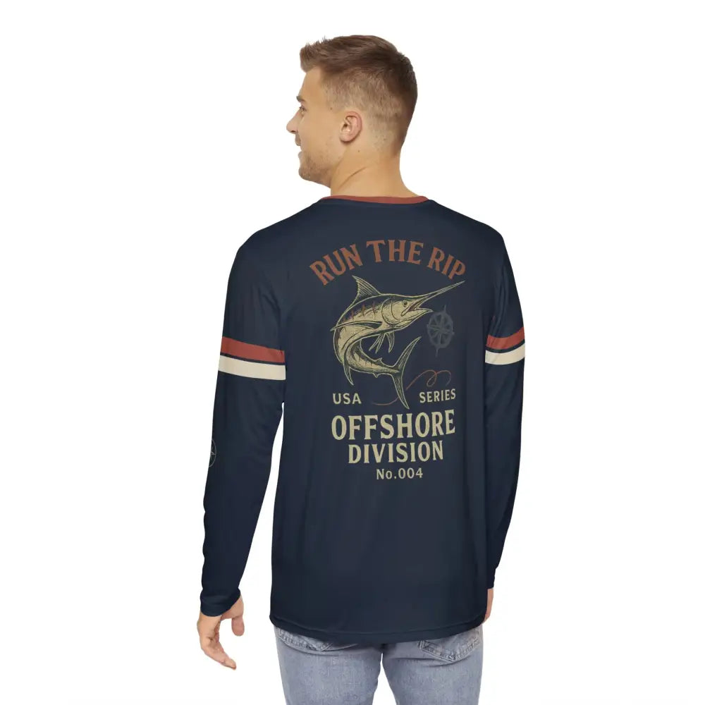 Dark blue Run The Rip offshore fishing shirt with marlin graphic