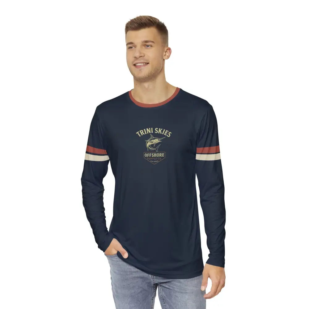 Mens Navy Blue Long-Sleeve Offshore Fishing Shirt with Arm Stripes