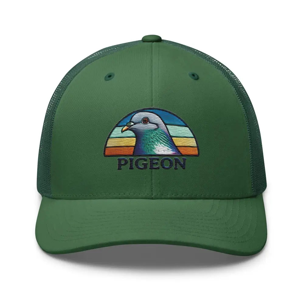 Trini Skies navy blue embroidered pigeon trucker hat for bird lovers