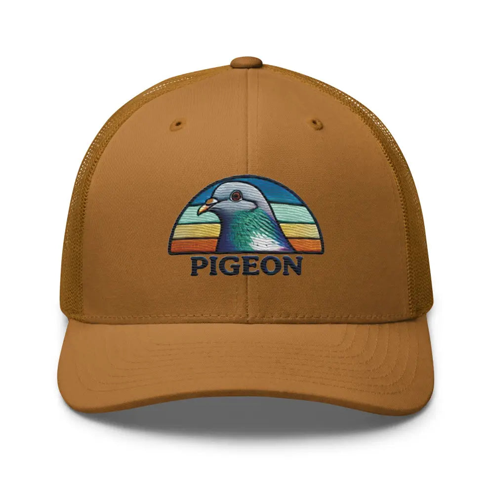 Navy blue Trini Skies embroidered pigeon trucker hat for bird lovers
