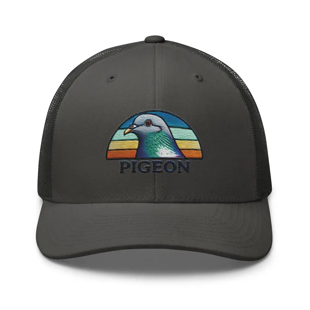 Dark gray embroidered pigeon trucker cap for bird lovers