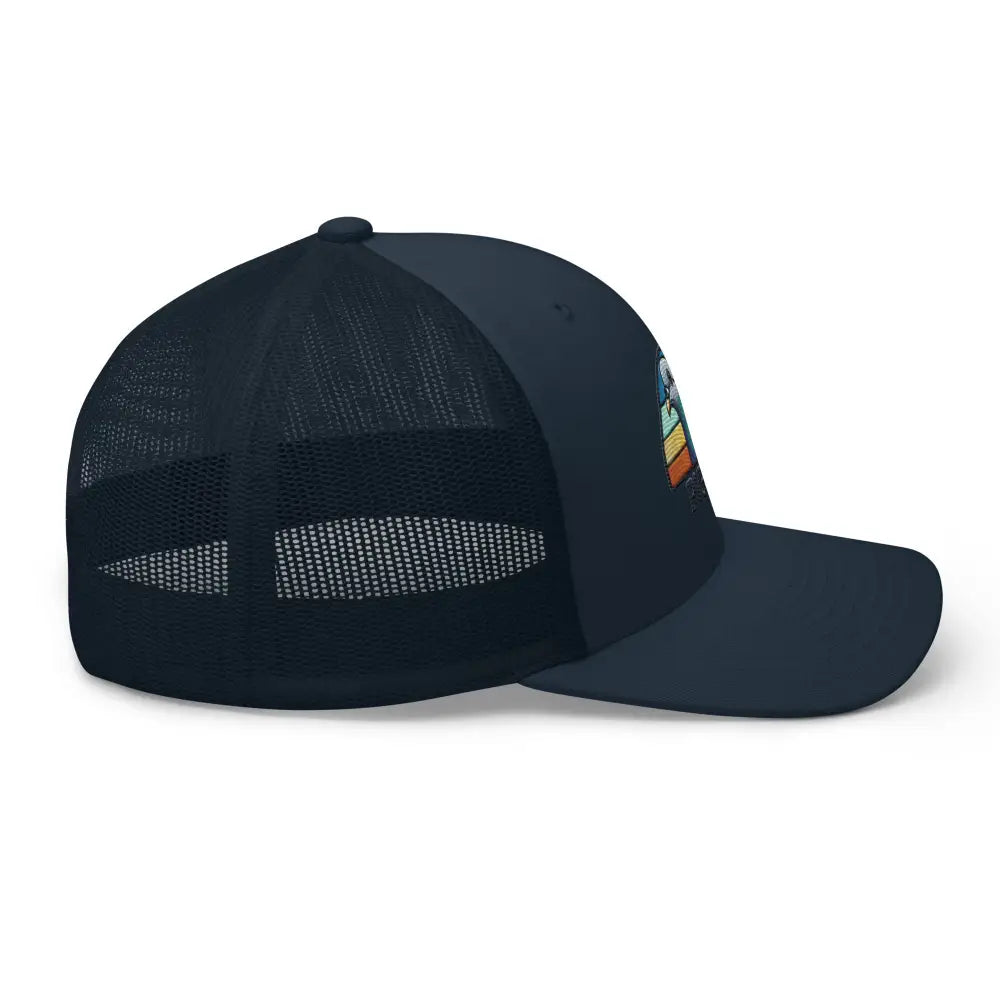 Navy blue embroidered pigeon trucker hat for bird lovers