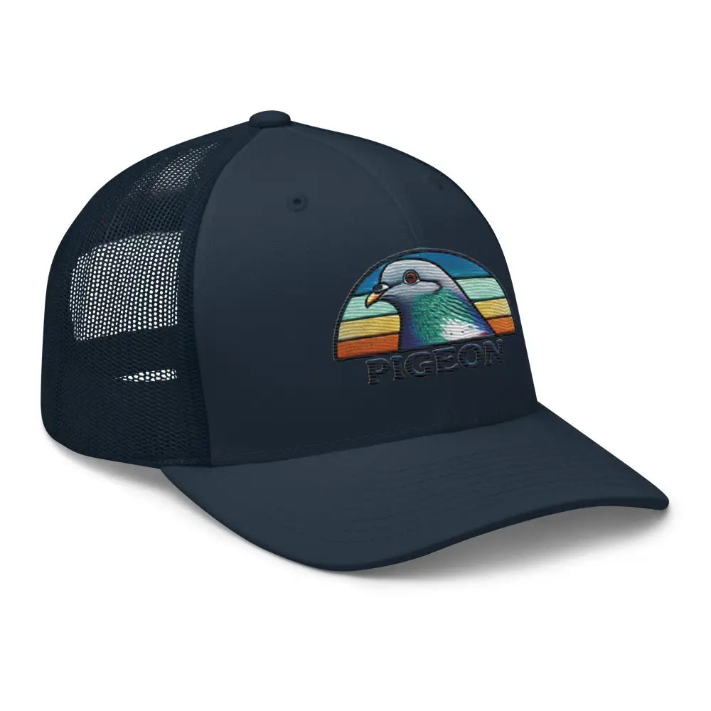 Navy blue embroidered pigeon trucker hat for bird lovers by Trini Skies