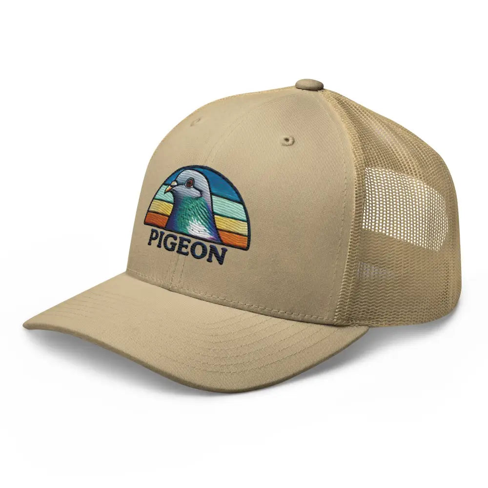 Tan embroidered pigeon trucker hat for bird lovers