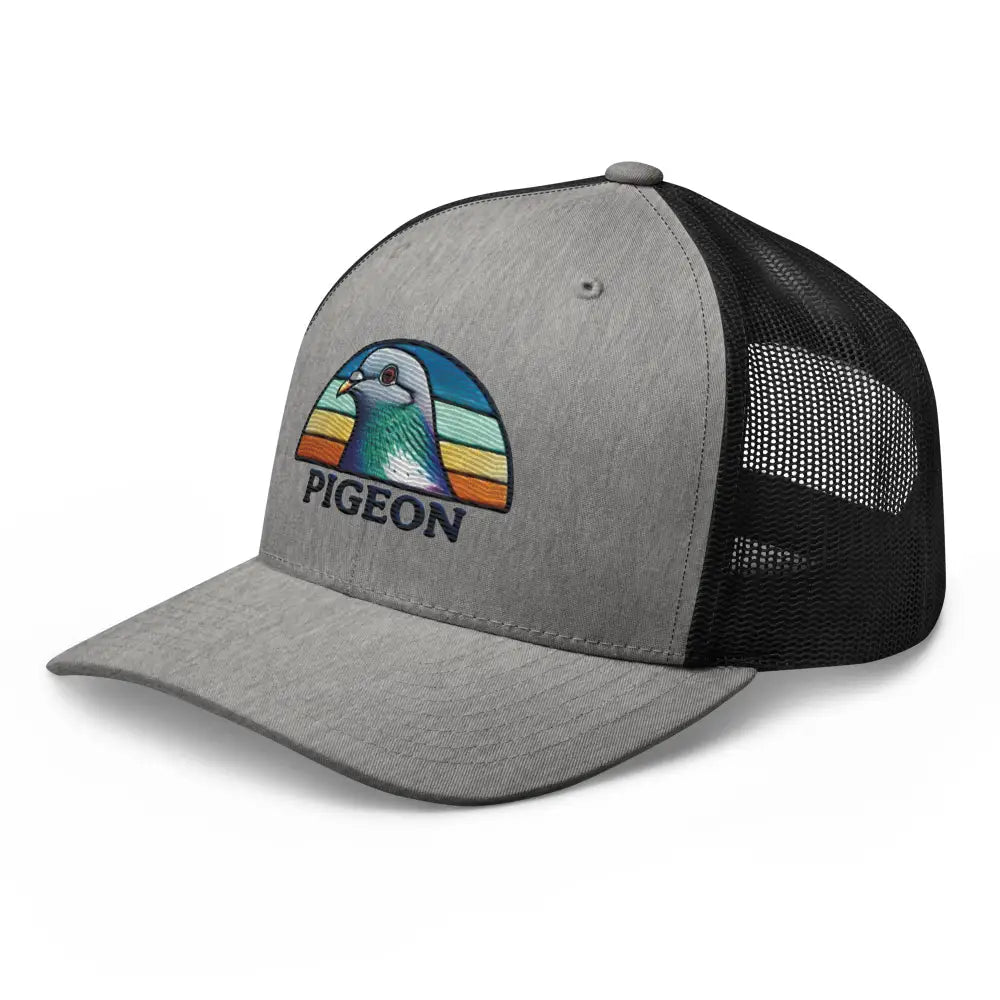 Navy blue Trini Skies embroidered pigeon trucker hat for bird lovers