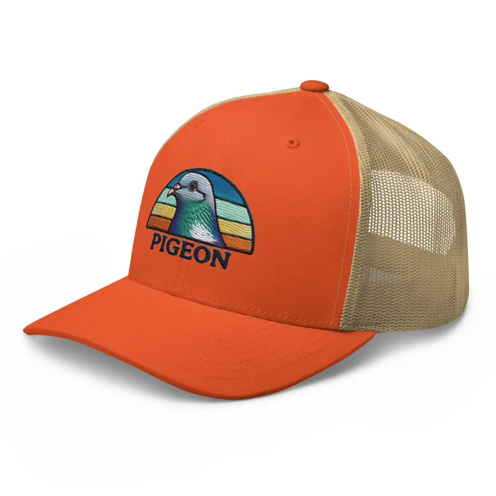 Orange and tan Trini Skies embroidered pigeon trucker hat for bird lovers