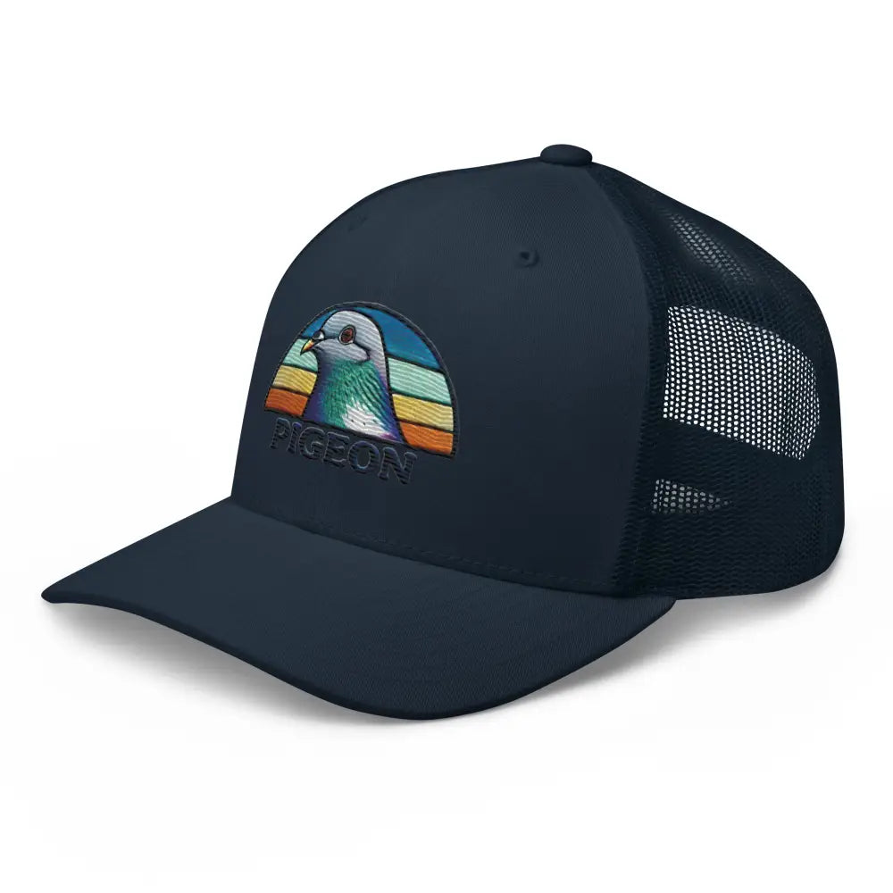Navy blue embroidered pigeon trucker hat for bird lovers