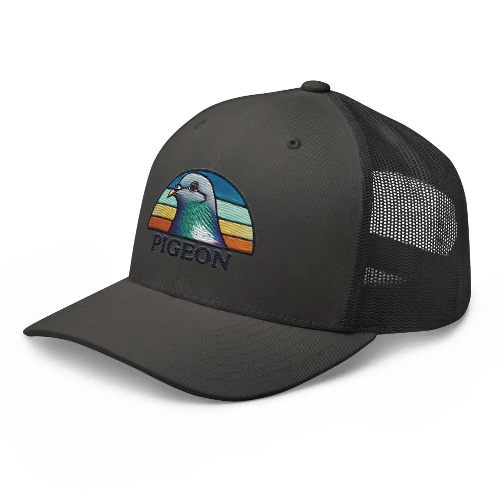 Dark gray Trini Skies embroidered pigeon trucker cap for bird lovers