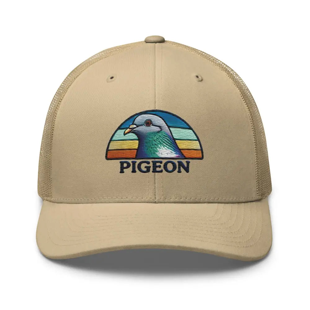 Khaki Trini Skies embroidered pigeon trucker hat for bird lovers