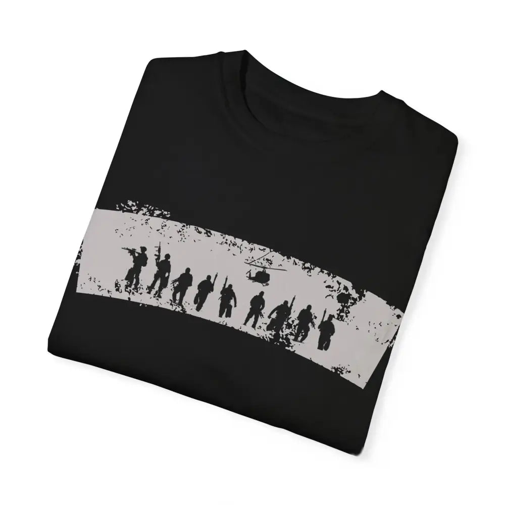 Navy Seals patriotic graphic tee with black shirt and gray distressed soldiers helicopter design