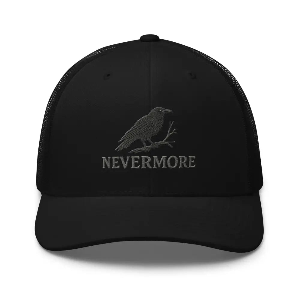 Nevermore Edgar Allan Poe embroidered raven perched trucker hat