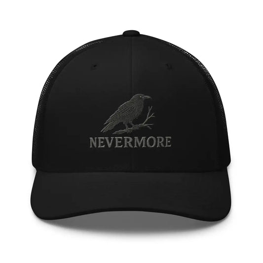 Black Nevermore embroidered trucker hat featuring Edgar Allan Poe and embroidered raven perched