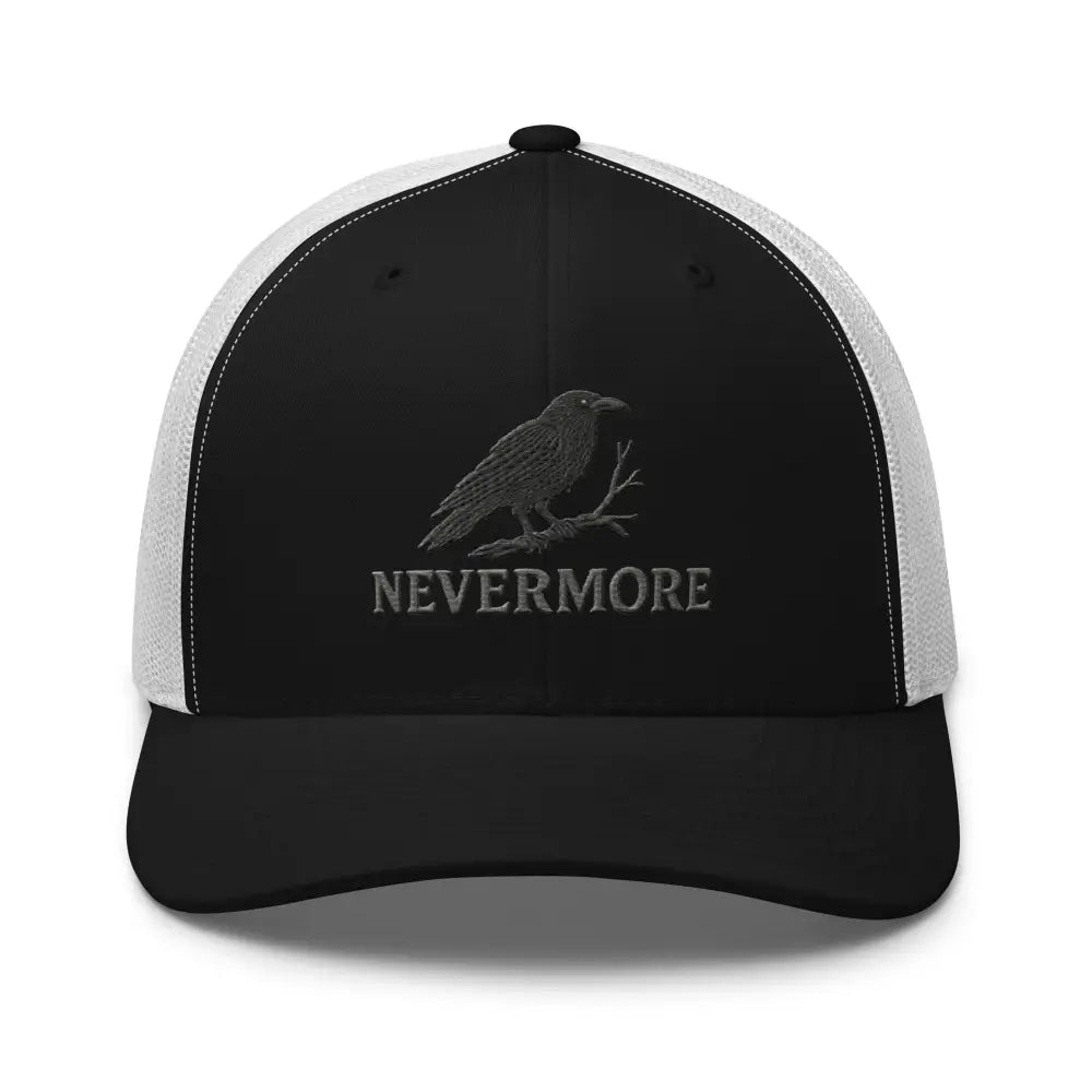 Nevermore embroidered trucker hat with Edgar Allan Poe raven perched