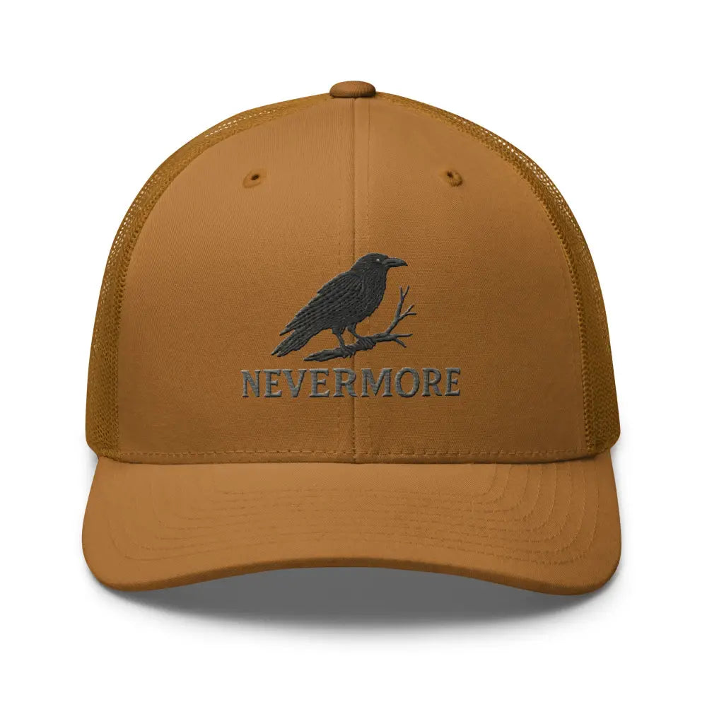 Nevermore embroidered trucker hat with Edgar Allan Poe raven perched