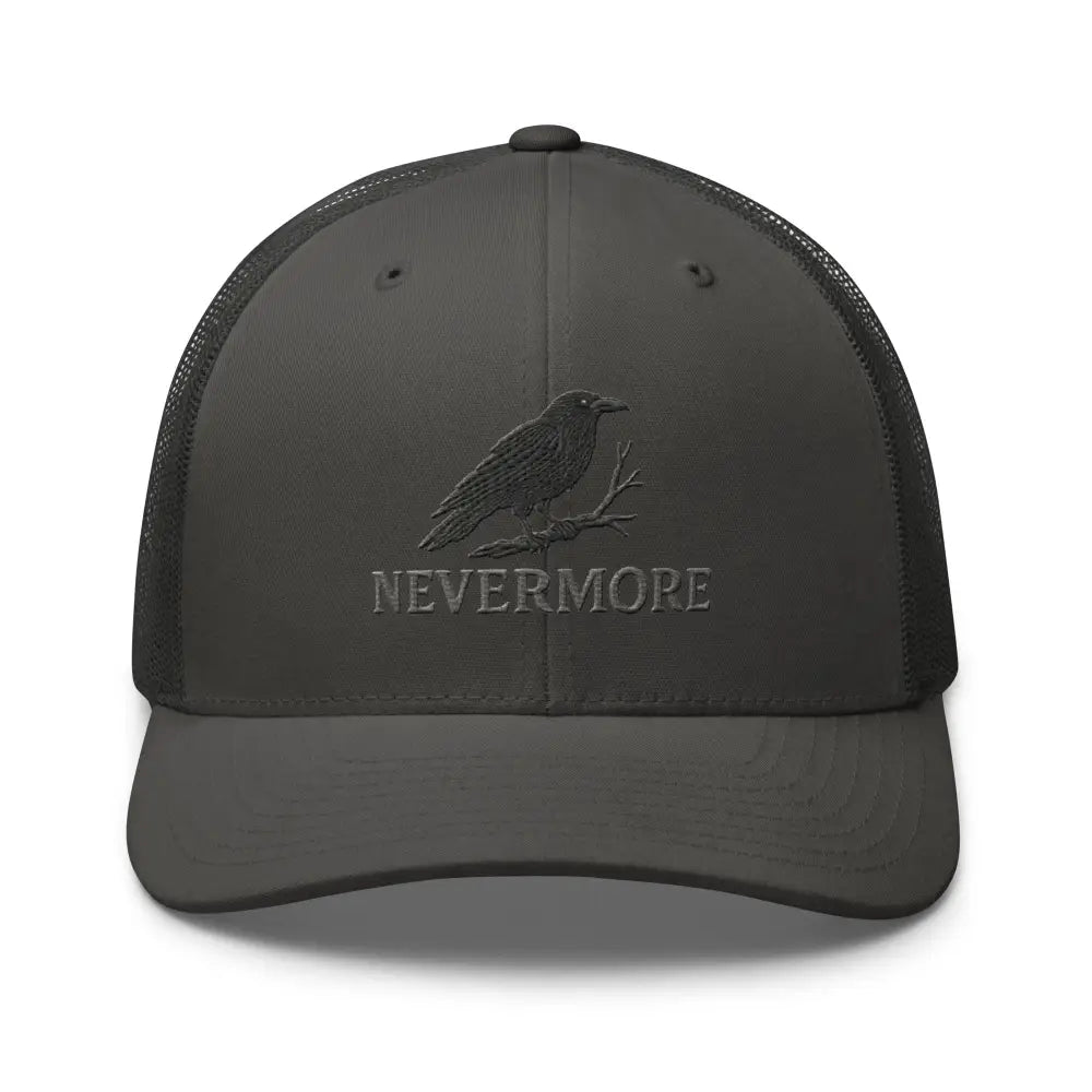 Dark gray Nevermore Edgar Allan Poe embroidered raven perched trucker hat